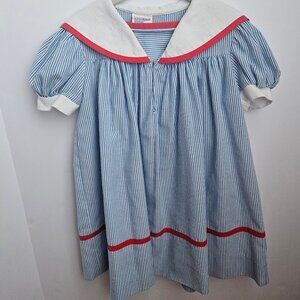 VTG Youngland Nautical Sailor Seersucker Dress Blue & White with Red Trim